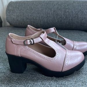 Pink Mary Jane pump with 3 inch heel